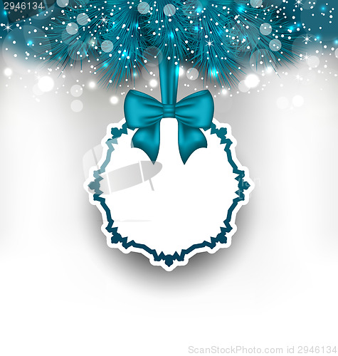 Image of Christmas greeting card with ribbon and fir branches