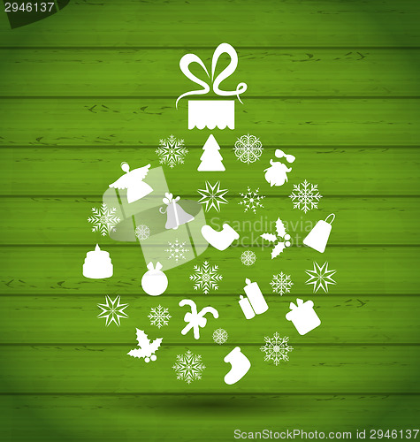 Image of Abstract ball made in Christmas elements, wooden texture