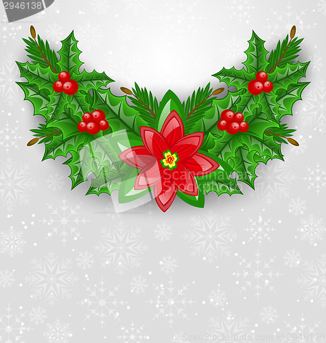 Image of Christmas decoration with holly berry, pine and poinsettia