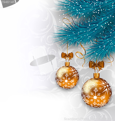 Image of Christmas background with glass balls and fir branches