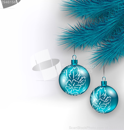 Image of Hanging Christmas glass balls on fir twigs