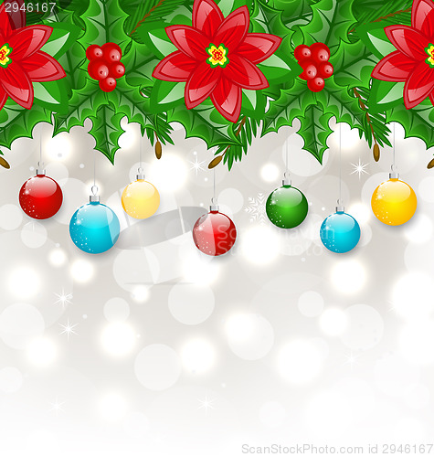 Image of Christmas background with balls, holly berry, pine and poinsetti