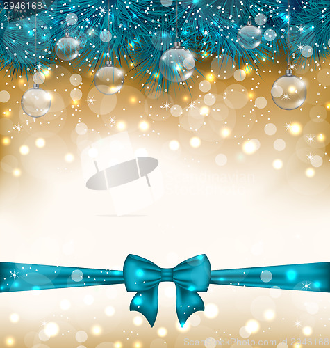 Image of Christmas light background with realistic fir twigs, balls, ribb