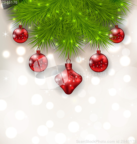 Image of Christmas composition with fir twigs and red glass balls