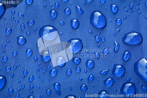Image of Closeup of rain drops on a blue umbrella