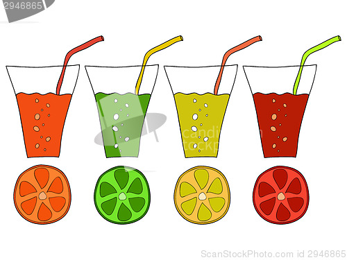 Image of Set of doodle glasses of citrus juice