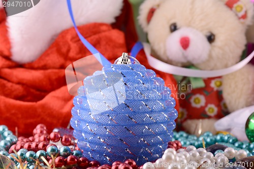 Image of Christmas balls, new year decoration, teddy bear