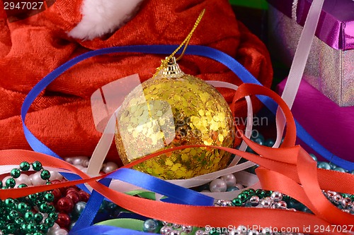 Image of Christmas background with gift box, diamonds, new year balls