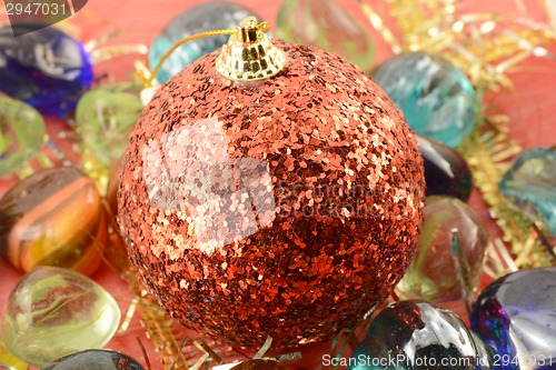 Image of red new year (christmas) balls with stones set, holiday invitation card