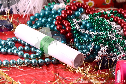 Image of Elegant christmas background with Christmas decorations and invitation card