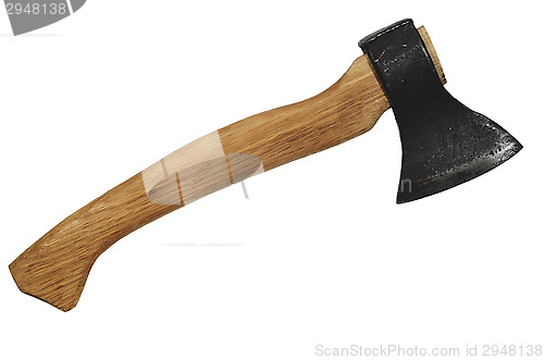 Image of ax with oak handle on a white