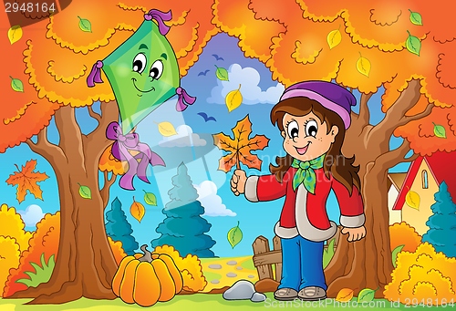Image of Autumn theme with girl and kite