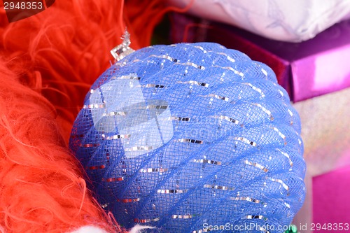 Image of blue balls, christmas card, close up, macro