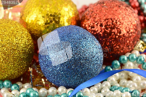 Image of Christmas background with new year balls and pearls set