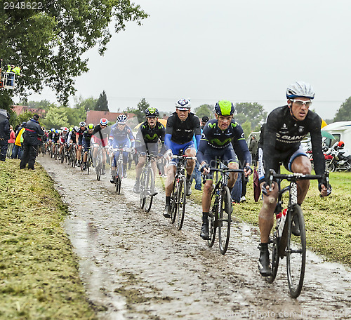 Image of The Peloton on a Cobbled Road- Tour de France 2014