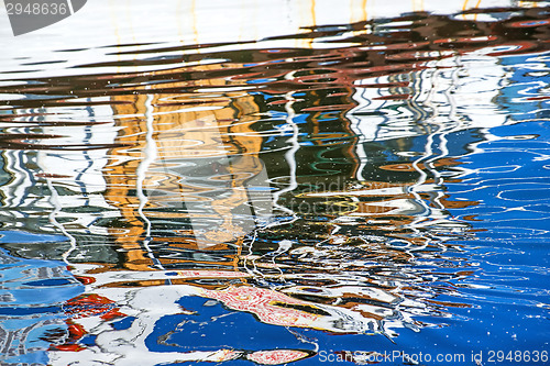 Image of reflection of a boat in a port