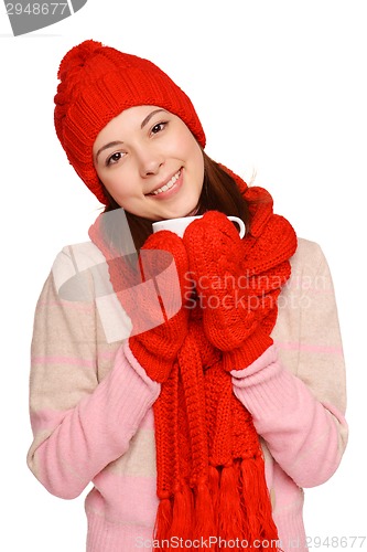Image of Winter woman with holding white cup