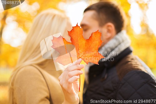 Image of close up of couple kissing in autumn park