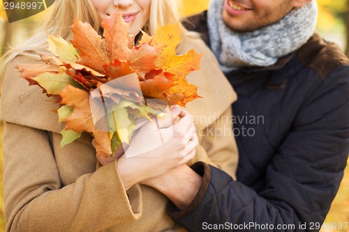 Image of close up of smiling couple hugging in autumn park