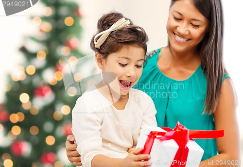 Image of happy mother and child girl with gift box