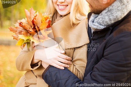 Image of close up of smiling couple hugging in autumn park