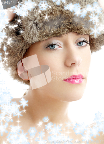 Image of lovely beauty in winter hat with snowflakes