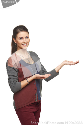 Image of Woman showing open hand palm with copy space