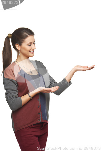Image of Woman showing open hand palm with copy space