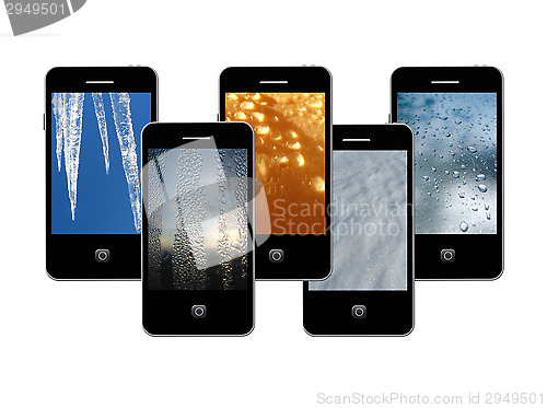 Image of Modern mobile phones with water images