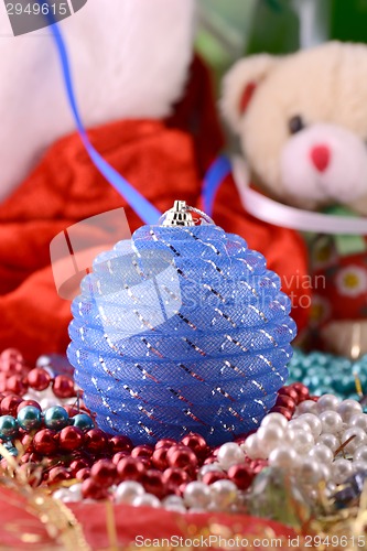 Image of Christmas balls, new year decoration, teddy bear