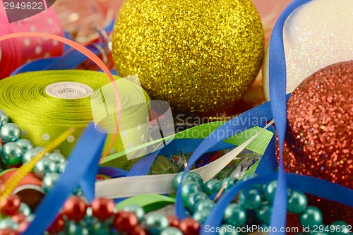 Image of Christmas ball, new year invitation card, diamonds and pearls