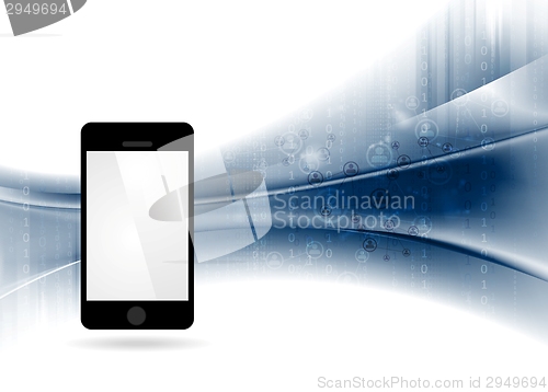 Image of Technology waves abstract background with mobile phone