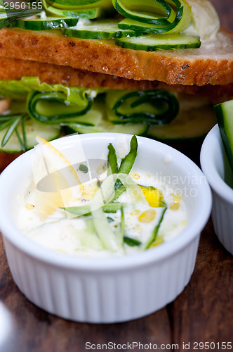 Image of fresh vegetarian sandwich with garlic cheese dip salad
