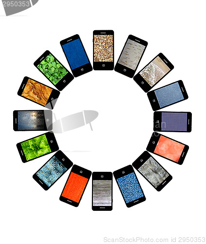 Image of Modern mobile phones with different images