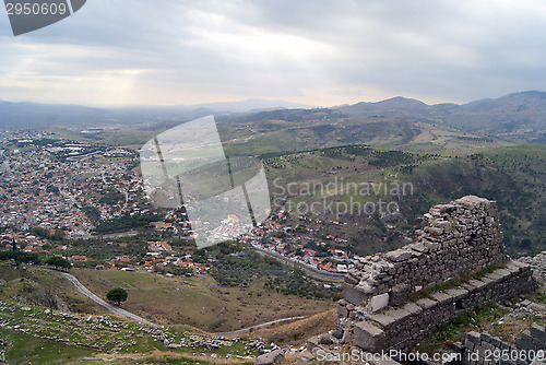 Image of The view of Bergama city in Turkey. Ruins of pergam old city