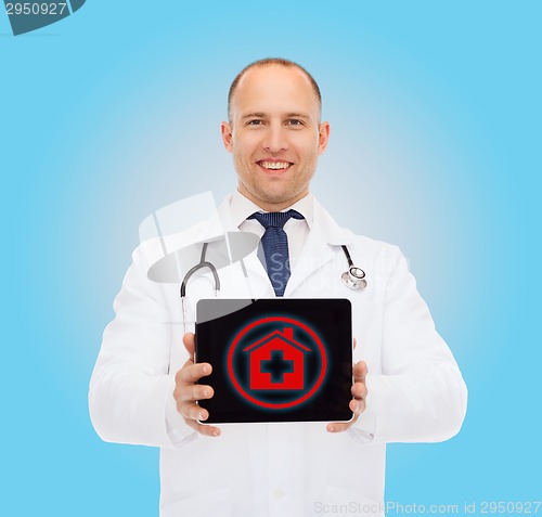 Image of smiling male doctor with stethoscope and tablet pc