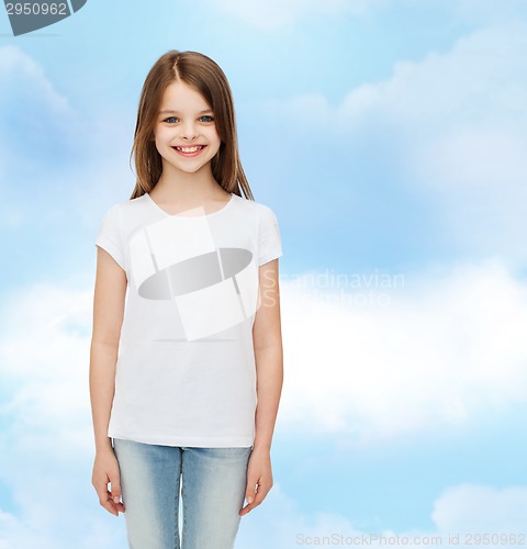 Image of smiling little girl in white blank t-shirt