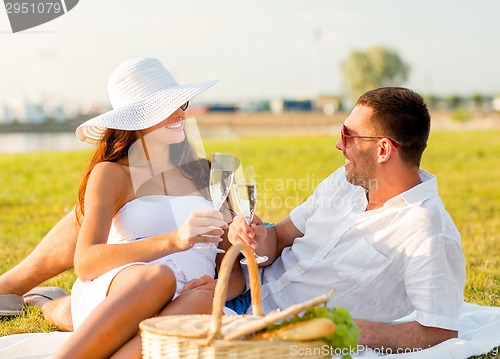 Image of smiling couple drinking champagne on picnic