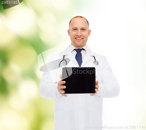 Image of smiling male doctor with stethoscope and tablet pc