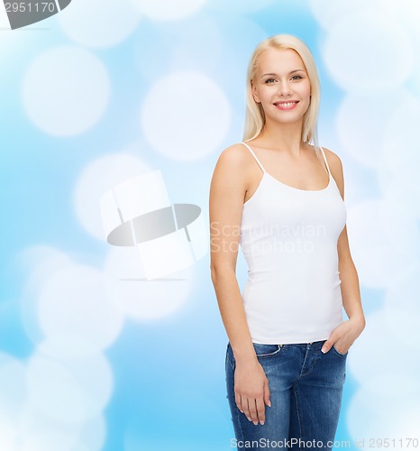 Image of smiling woman in blank white t-shirt