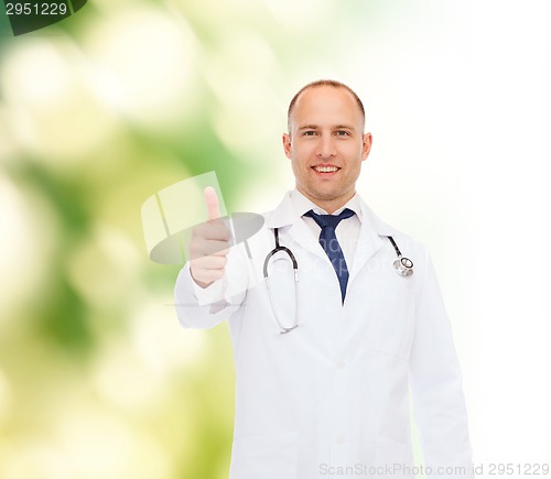 Image of smiling doctor with stethoscope showing thumbs up