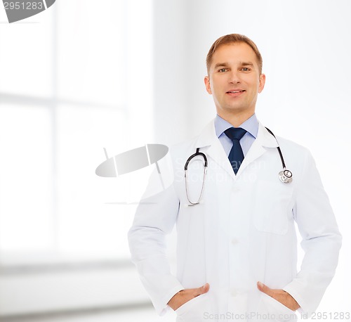 Image of smiling male doctor in white coat with stethoscope