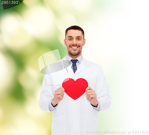 Image of smiling male doctor with red heart