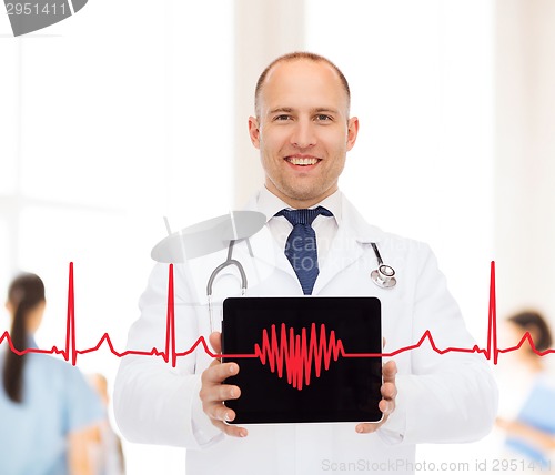 Image of smiling male doctor with stethoscope and tablet pc