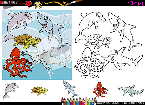 Image of sea life cartoon coloring page set