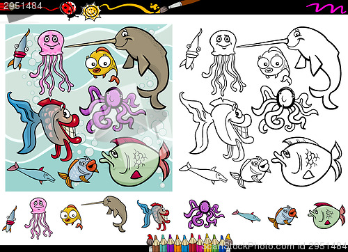 Image of sea life cartoon coloring page set