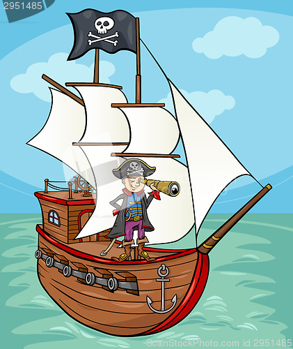 Image of pirate on ship cartoon illustration