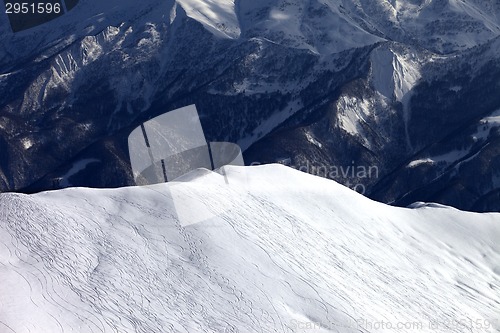 Image of Top view on off piste slope in evening