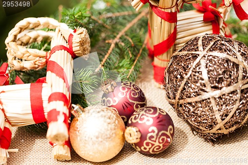 Image of Christmas background with baubles and craft