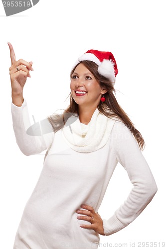 Image of Young woman in a Santa hat holding out her hands